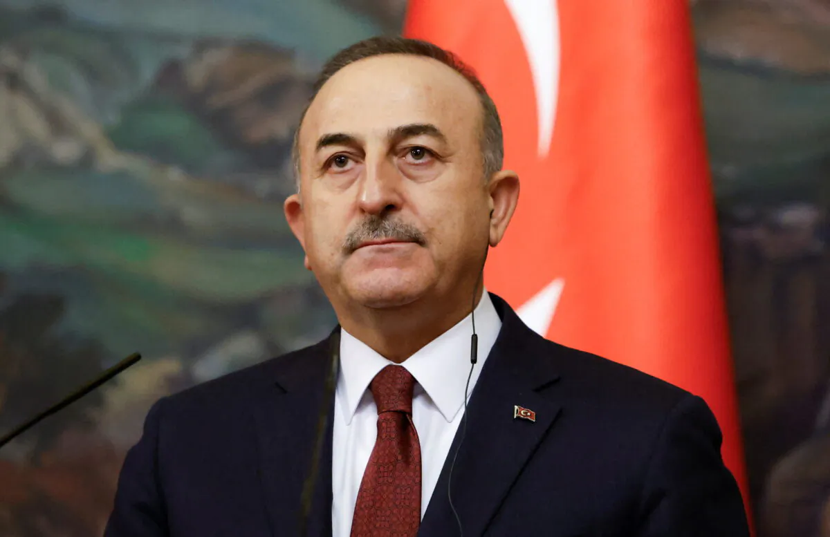 Turkish Foreign Minister Mevlut Cavusoglu attends a joint press conference with his Russian counterpart following their talks in Moscow on March 16, 2022. (Maxim Shemetov/Pool/AFP via Getty Images)