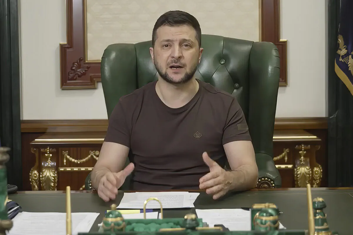 Ukrainian President Volodymyr Zelensky speaks from Kyiv, Ukraine, on March 20, 2022. (Ukrainian Presidential Press Office via AP)