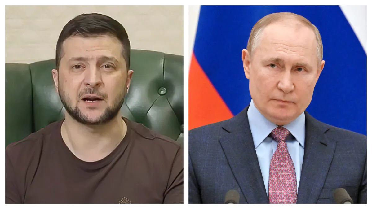 (L) Ukrainian President Volodymyr Zelensky on March 20, 2022. (Ukrainian Presidential Press Office via AP); (R) Russian President Vladimir Putin on Feb. 18, 2022. (Sergei Guneyev/Sputnik/AFP via Getty Images)