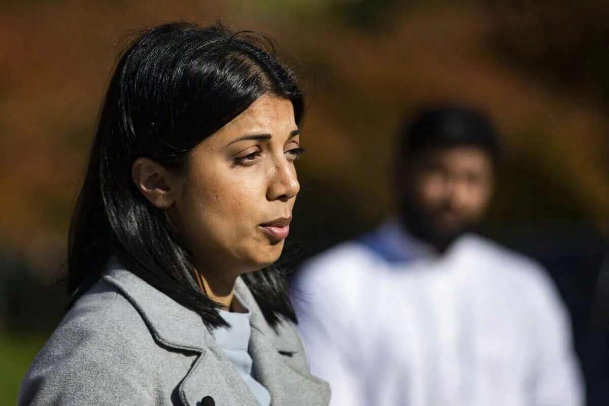 Nadia Hasan of the National Council of Canadian Muslims attends a press briefing outside the Queens Park Legislature in Toronto, on Nov. 8, 2021.(The Canadian Press/Chris Young)