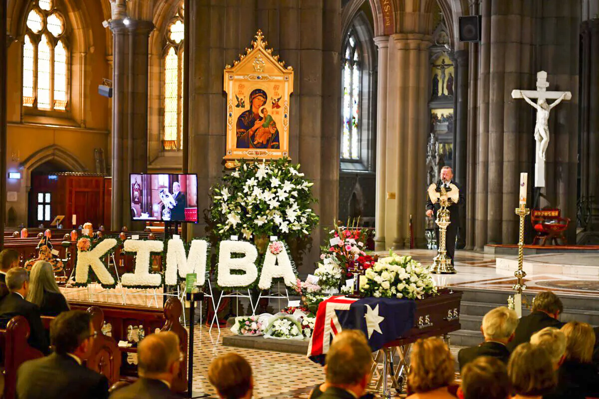 The casket is seen during the funeral service for Senator Kimberley Kitching at St Patrick's Cathedral in Melbourne, Australia, on March 21, 2022. (AAP Image/Joel Carrett) 