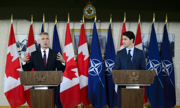 Prime Minister Justin Trudeau takes part in a joint press conference with Secretary General of the North Atlantic Treaty Organization (NATO) Jens Stoltenberg at Canadian Forces Base Petawawa, Ontario on July 15, 2019. (The Canadian Press/Sean Kilpatrick)