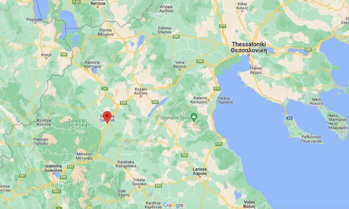 A map showing the location of Grevena, Greece. (Google Maps/Screenshot via The Epoch Times)
