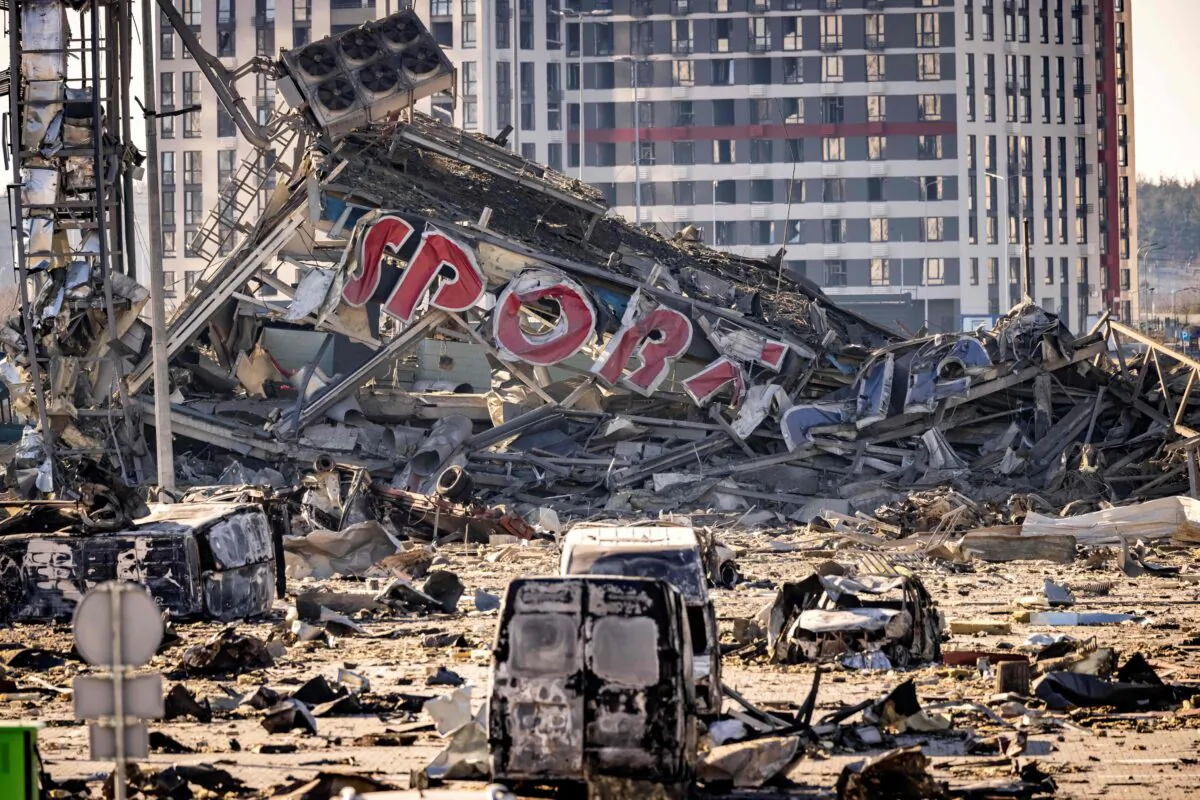 A view of the damage at the Retroville shopping mall on March 21, 2022, a day after it was shelled by Russian forces in a residential district in the northwest of the Ukranian capital Kyiv. (Fadel Senna/AFP via Getty Images)