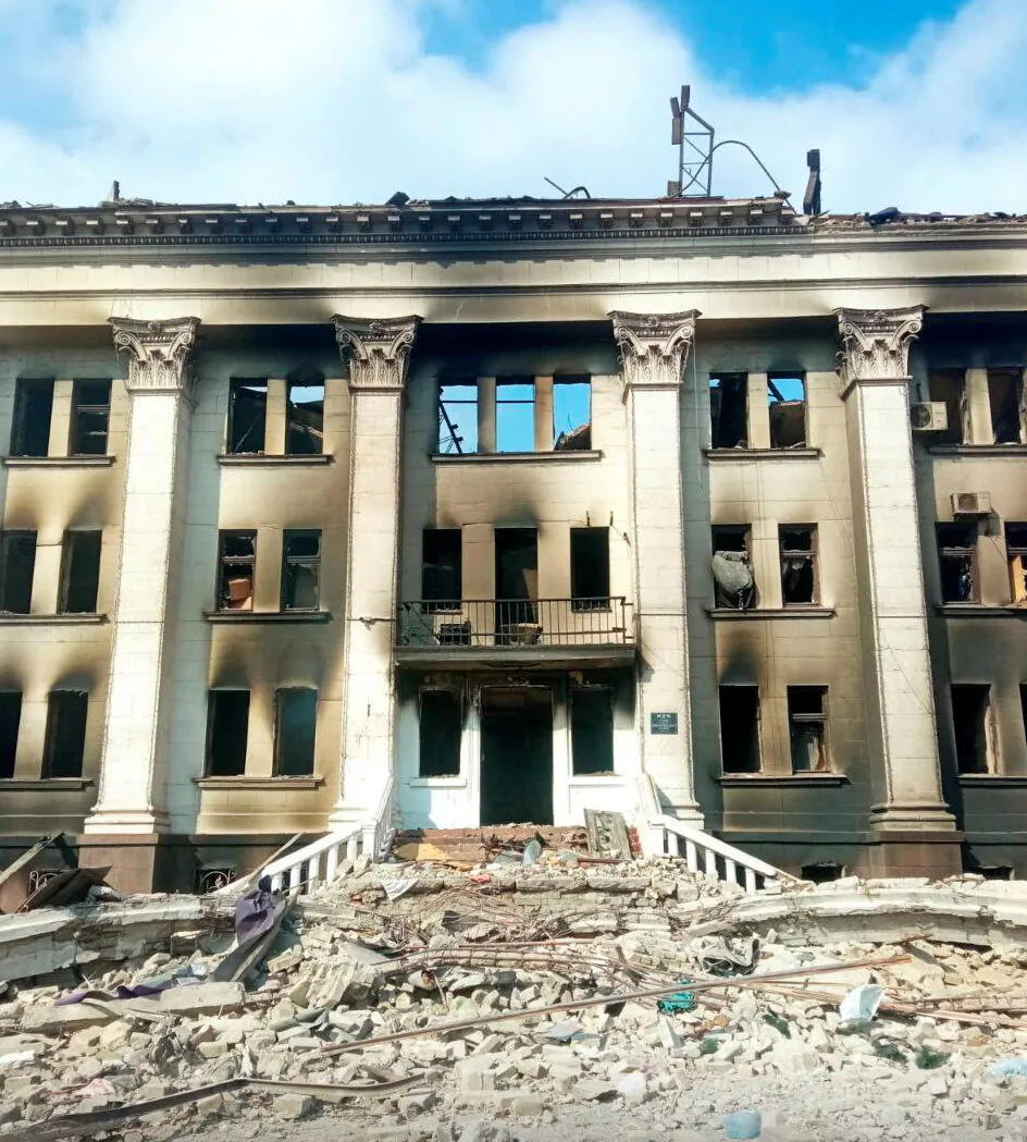 General view of the remains of the drama theatre which was hit by a bomb when hundreds of people were sheltering inside, amid ongoing Russia's invasion, in Mariupol, Ukraine, on March 18, 2022. (Azov/Handout via Reuters)