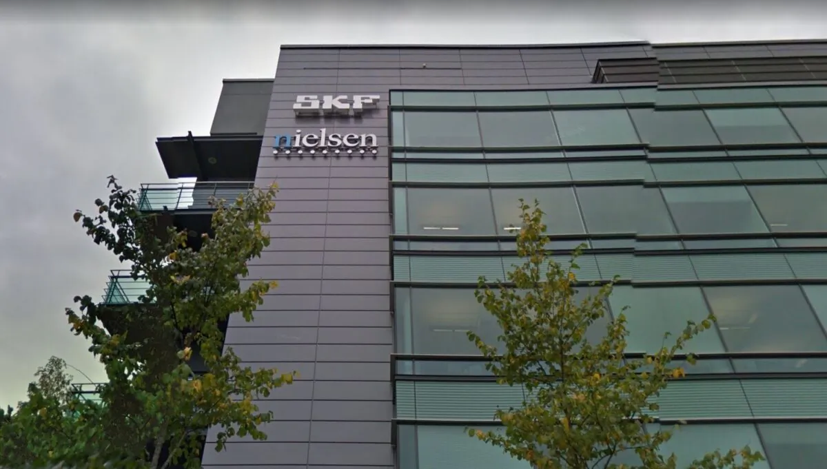 The Nielsen logo is seen at the company's building in Espoo, Finland in February 2011. (Google Maps/Screenshot via The Epoch Times)