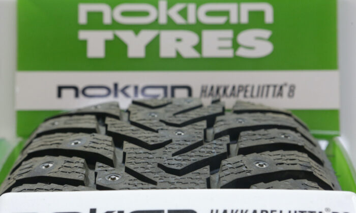 A Nokian tire is on display at a tire assembling center and shop in Moscow, on Aug. 8, 2014. (Maxim Shemetov/Reuters)