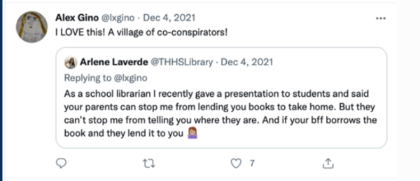 Social media post from activist librarian Arlene Laverde, telling children she has the ability to get the books their parents don't want them to read into their hands.
