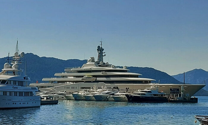 Luxury yacht "Eclipse," belonging to Russian oligarch Roman Abramovich, is docked at the Aegean coastal resort of Marmaris, Turkey, on March 22, 2022. (Fatih Cetin/AFP via Getty Images)