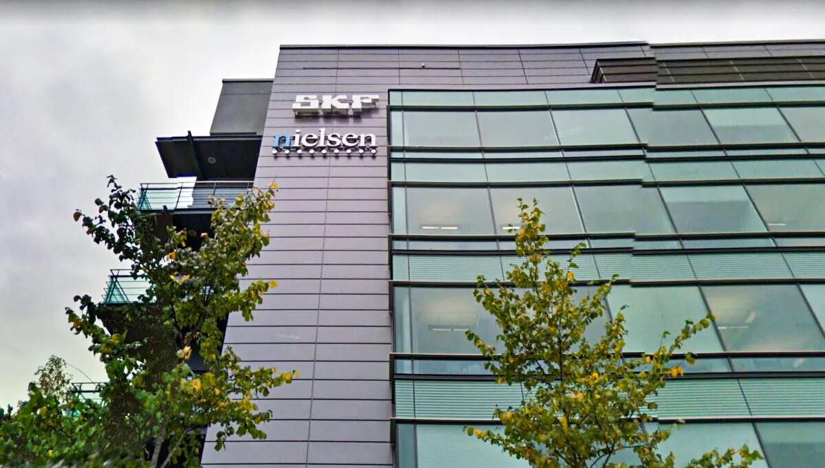 The Nielsen logo is seen at the company's building in Espoo, Finland in February 2011. (Google Maps/Screenshot via The Epoch Times)