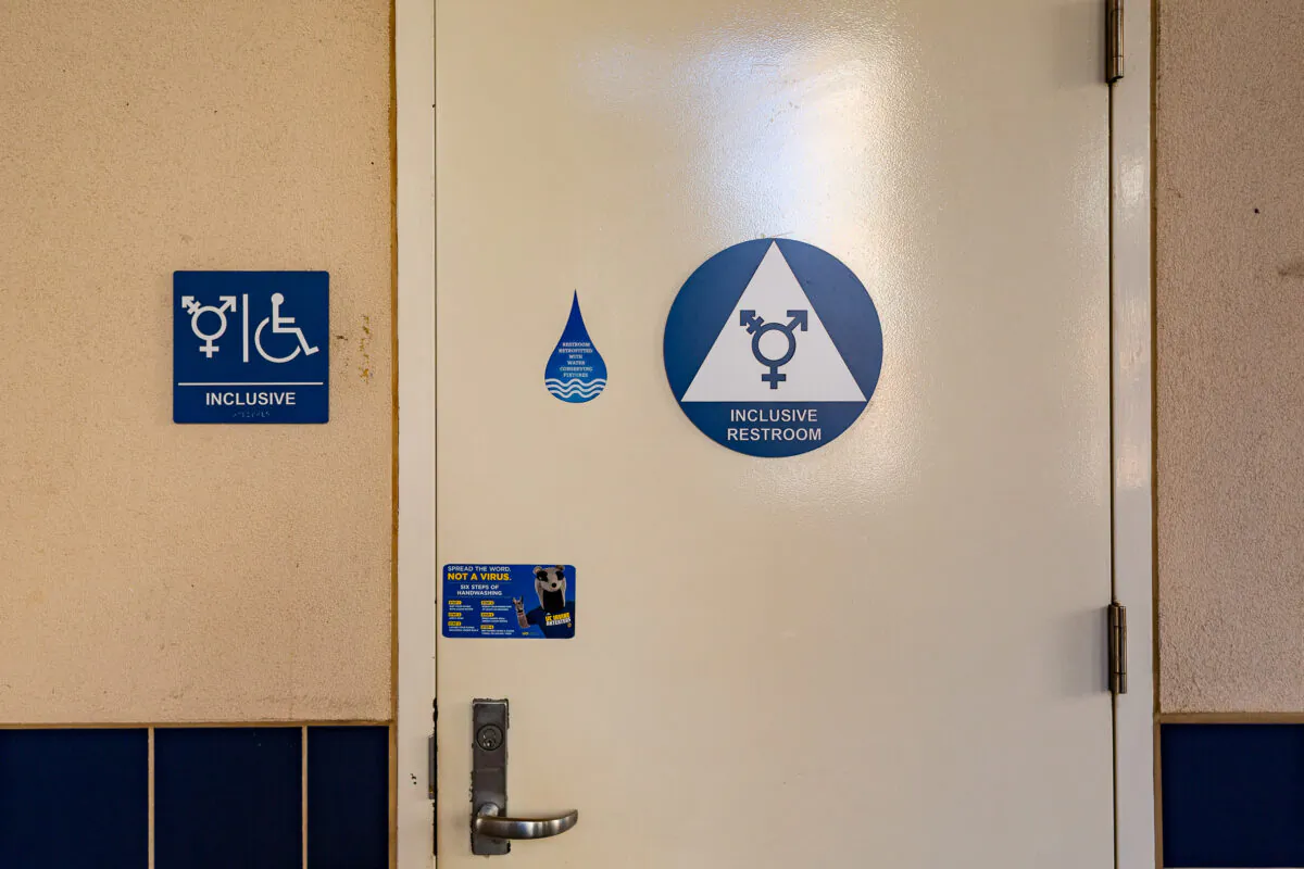 A file photo of a gender-neutral restroom in Irvine, Calif., on Sept. 25, 2020. (John Fredricks/The Epoch Times)