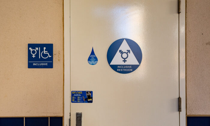 A file photo of a gender-neutral restroom in Irvine, Calif., on Sept. 25, 2020. (John Fredricks/The Epoch Times)