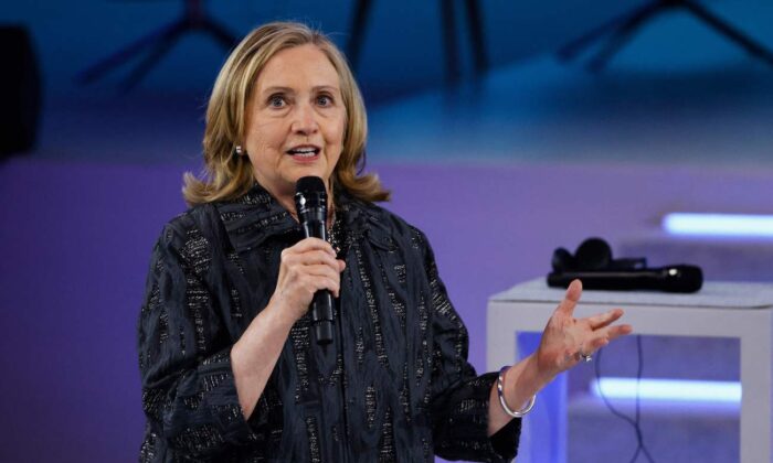 Former Secretary of State Hillary Clinton delivers a speech during the opening session of the Generation Equality Forum, in Paris on June 30, 2021. (Ludovic Marin/AFP via Getty Images)