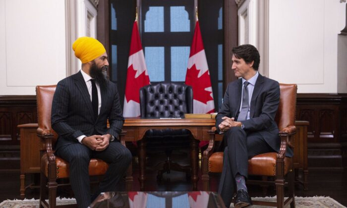 NDP Leader Jagmeet Singh meets with Prime Minister Justin Trudeau on Parliament Hill in Ottawa on Nov. 14, 2019.  (The Canadian Press/Sean Kilpatrick)
