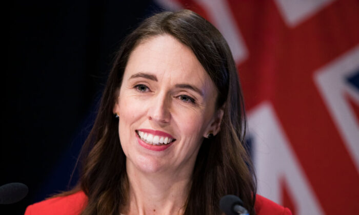 Prime Minister Jacinda Ardern speaks at a press conference to announce changes to COVID-19 Omicron vaccine and mandates rules at Parliament in Wellington, New Zealand, on March 23, 2022. (Robert Kitchin - Pool/Getty Images)
