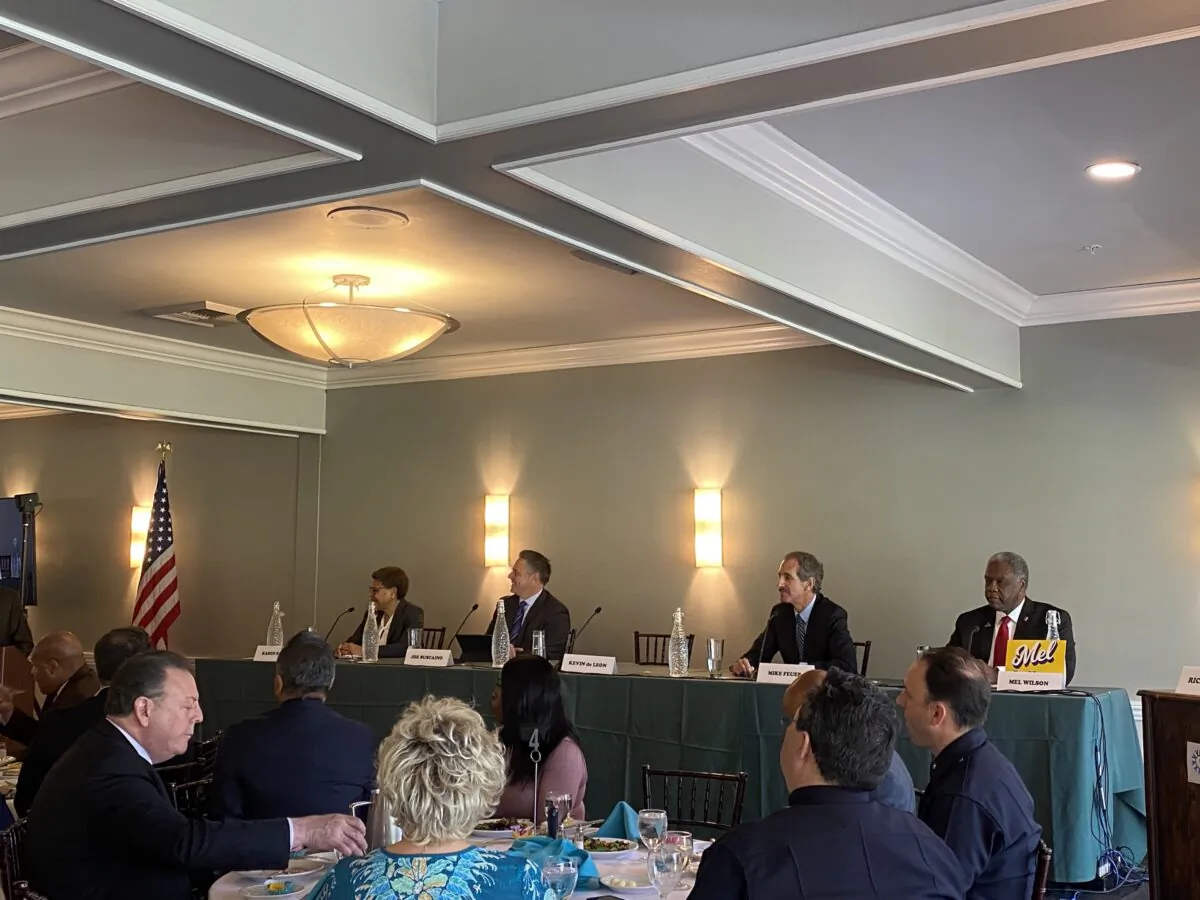 Los Angeles mayoral candidates attend a United Chambers of Commerce LA luncheon at the Porter Valley Country Club in Los Angeles on March 21, 2022. (Jamie Joseph/The Epoch Times)
