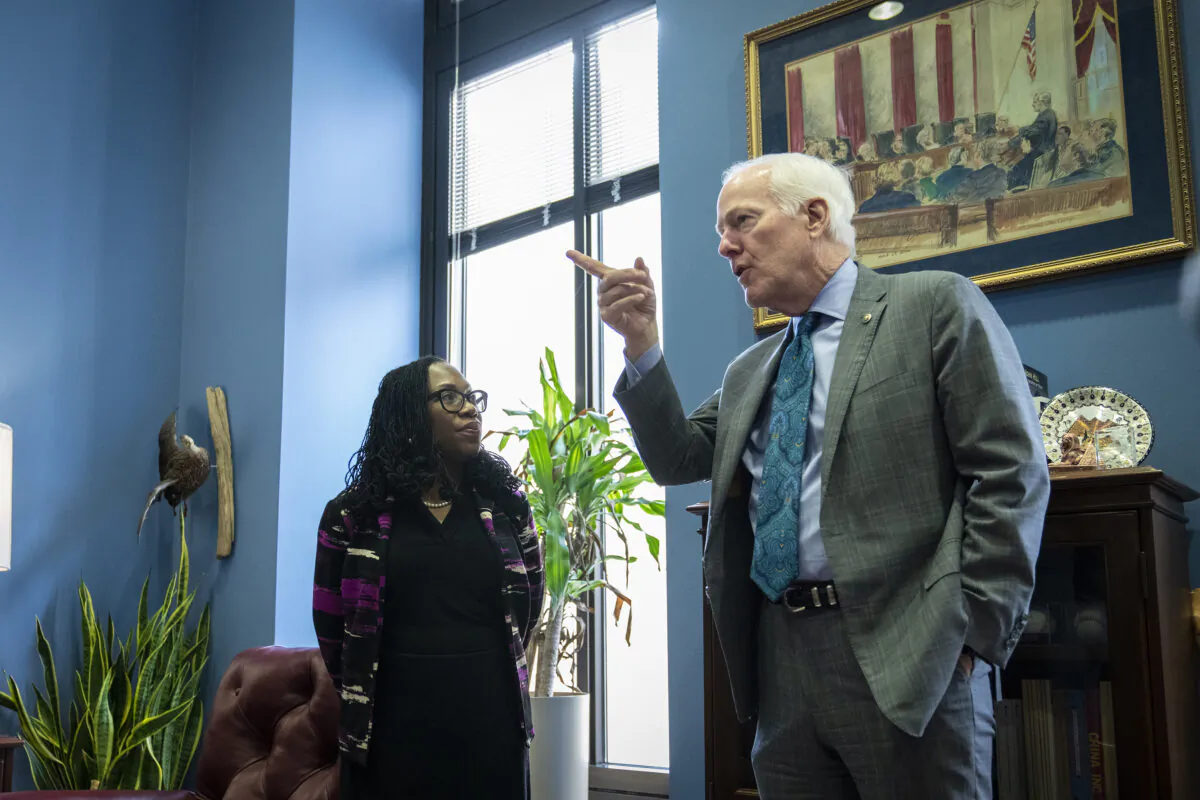 Supreme Court nominee Ketanji Brown Jackson (L) meets with Sen. John Cornyn (R-Texas) in his office on Capitol Hill March 10, 2022 in Washington, DC. (Photo by Drew Angerer/Getty Images)