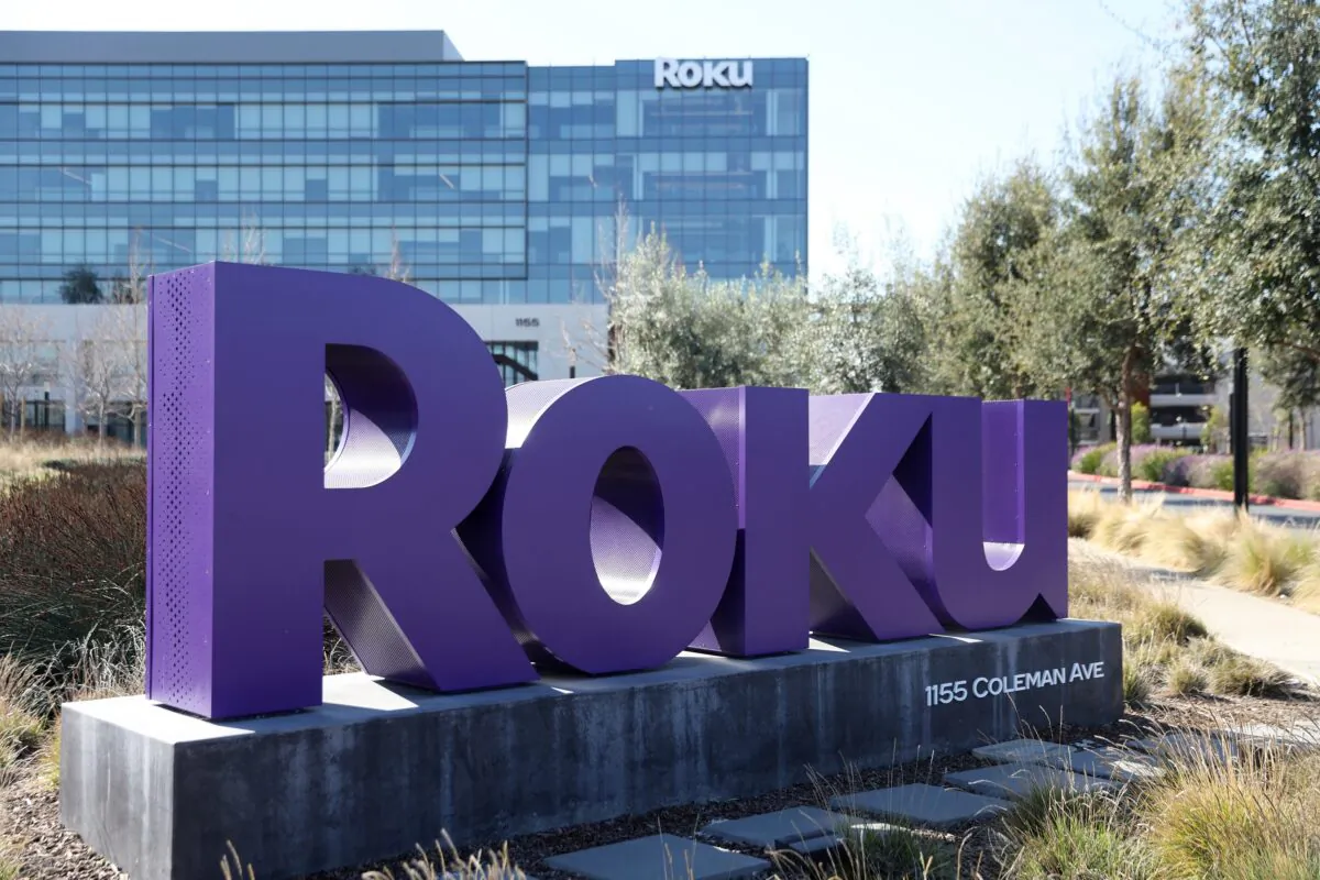 A sign is posted in front of the Roku headquarters in San Jose, Calif. on Feb. 18, 2022. (Justin Sullivan/Getty Images)