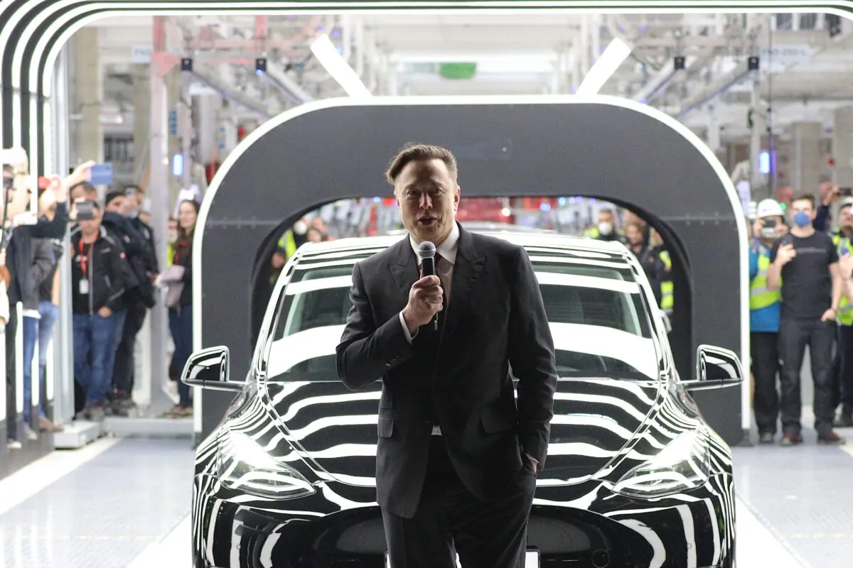 Tesla CEO Elon Musk speaks during the official opening of the new Tesla electric car manufacturing plant near Gruenheide, Germany, on March 22, 2022. (Christian Marquardt/Pool/Getty Images)