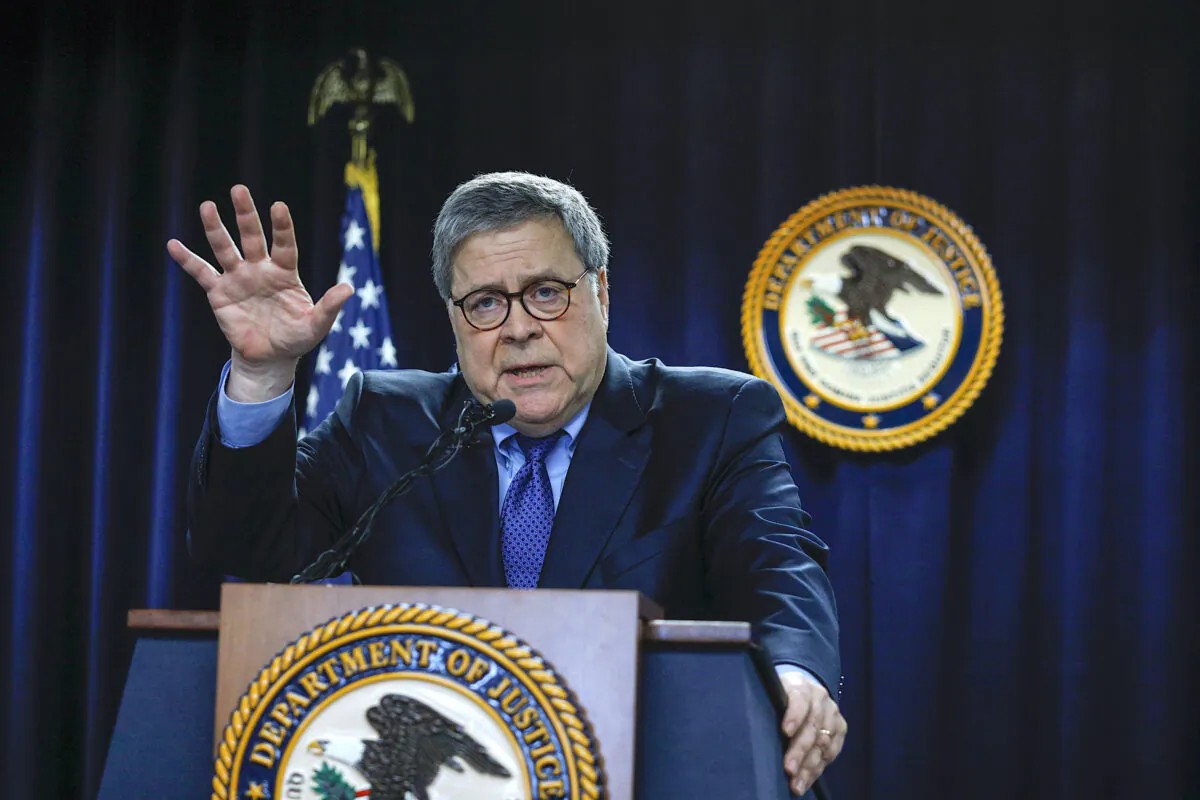 Then Attorney General William Barr speaks in Detroit, Michigan, on Dec. 18, 2019. (Bill Pugliano/Getty Images)