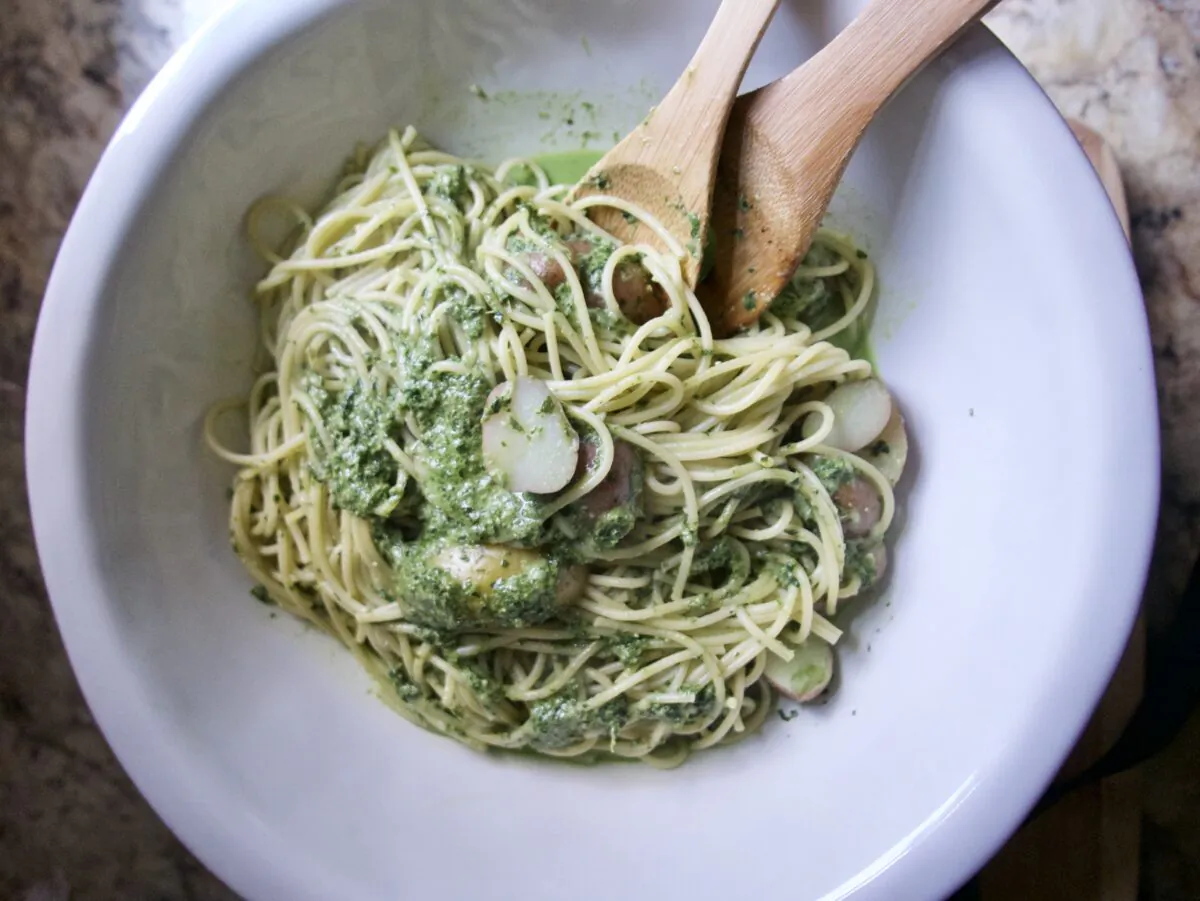 Baby potatoes add texture and heft to this crowd-pleasing pasta. (Victoria de la Maza)