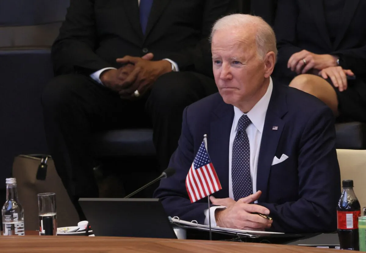 President Joe Biden looks on as he attends a North Atlantic Council meeting during an extraordinary summit at NATO Headquarters in Brussels on March 24, 2022. (Evelyn Hockstein/Pool/AFP via Getty Images)