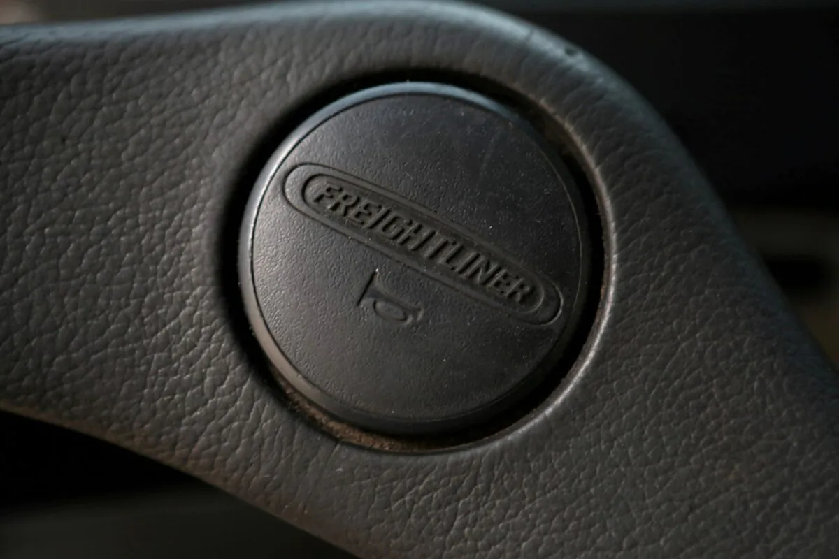 The logo of Freightliner Trucks is seen on a steering wheel in a yard in Mejicanos, El Salvador, on Aug. 16, 2018. (Jose Cabezas/Reuter)