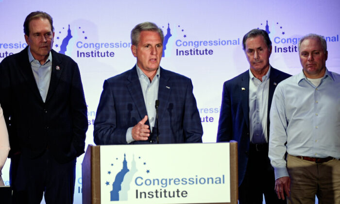 House Minority Leader Kevin McCarthy (R-Calif) speaks to media at the annual retreat of House Republicans at the Sawgrass Marriott Golf Resort & Spa in Ponte Vedra Beach, Fla., on March 23, 2022. (The Epoch Times)