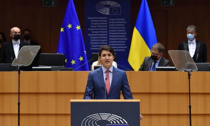 Canada's Prime Minister Justin Trudeau talks during a plenary session of the European Parliament at the EU headquarters in Brussels, on March 23, 2022. (John Thys/AFP via Getty Images)