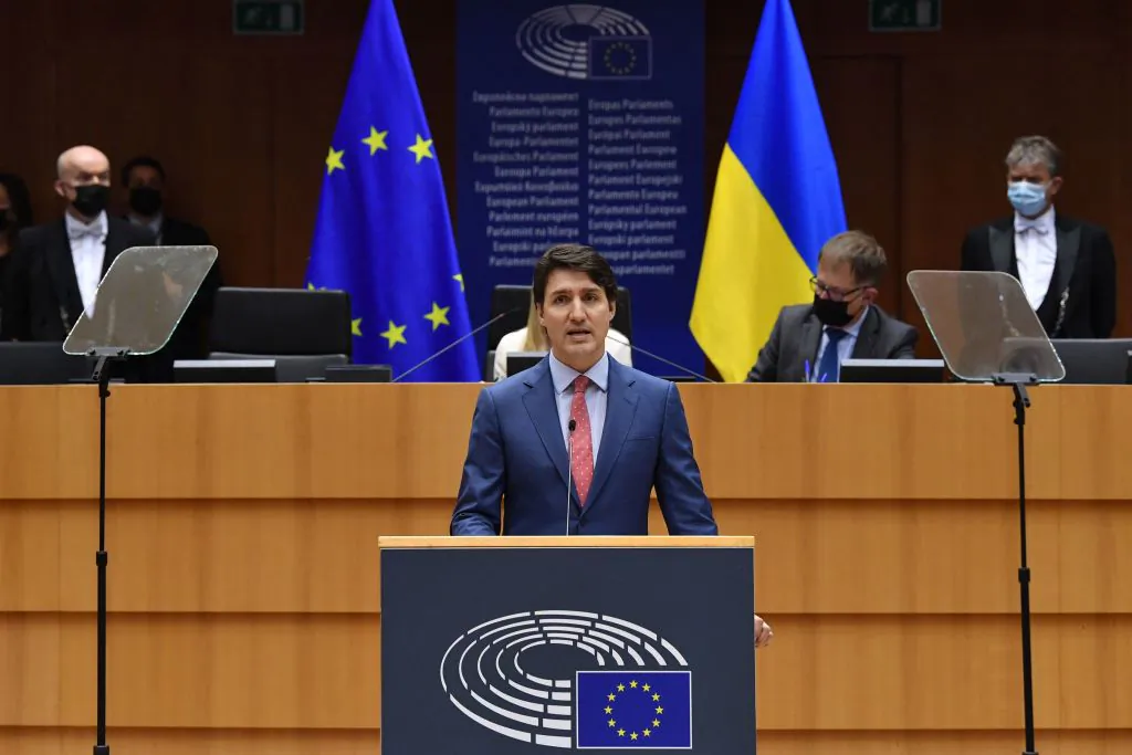 Canada's Prime Minister Justin Trudeau talks during a plenary session of the European Parliament at the EU headquarters in Brussels, on March 23, 2022. (John Thys/AFP via Getty Images)