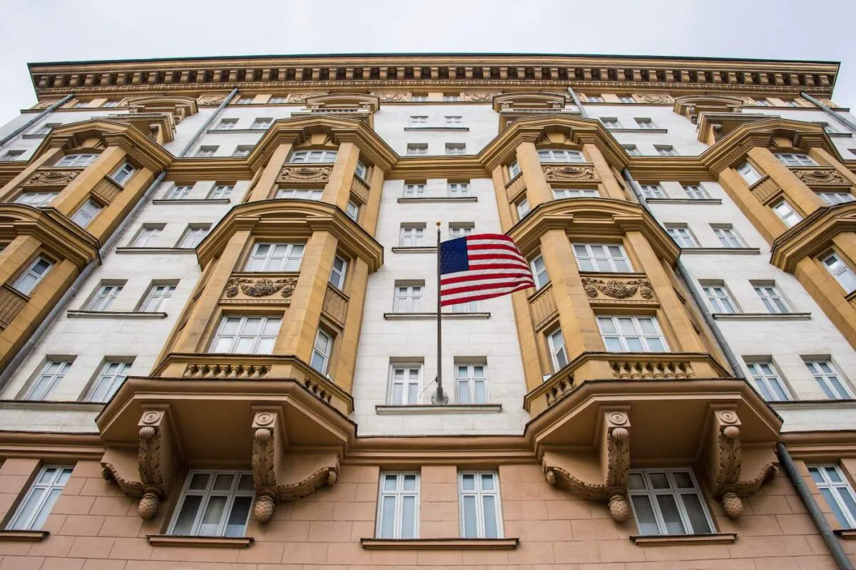 A file photo taken July 31, 2017, of the U.S. embassy building in Moscow. (Mladen Antonov/AFP via Getty Images)