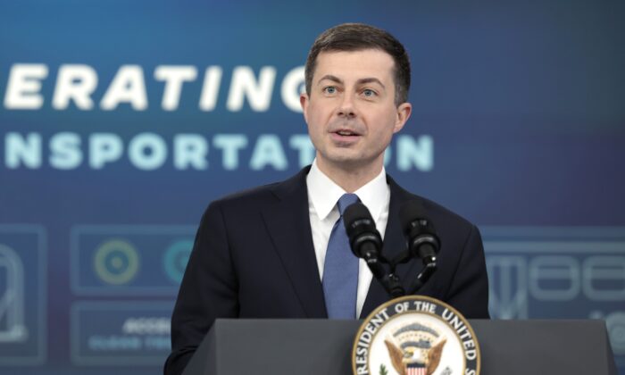 Secretary of the Department of Transportation Pete Buttigieg delivers remarks on new transportation initiatives at an event in the South Court Auditorium at Eisenhower Executive Office Building in Washington on March 7, 2022. (Anna Moneymaker/Getty Images)