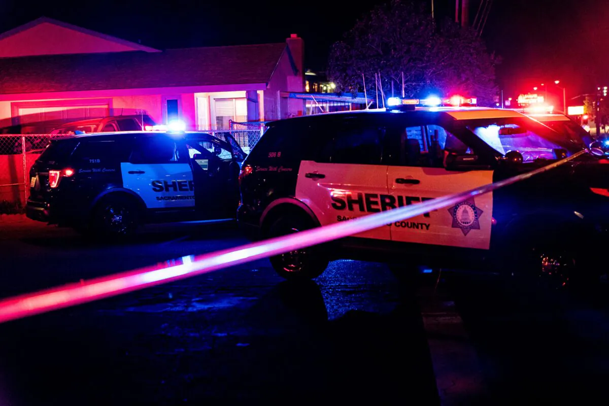 Police tape blocks off the crime scene outside a church in Sacramento, Calif. on Feb. 28, 2022. (Andri Tambunan/AFP via Getty Images)