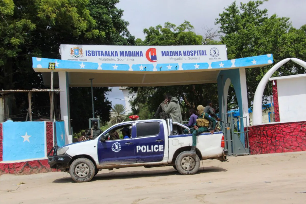 A police vehicle is seen at the entrance of Medina hospital in Mogadishu, Somalia, on June 15, 2021. (AFP via Getty Images)