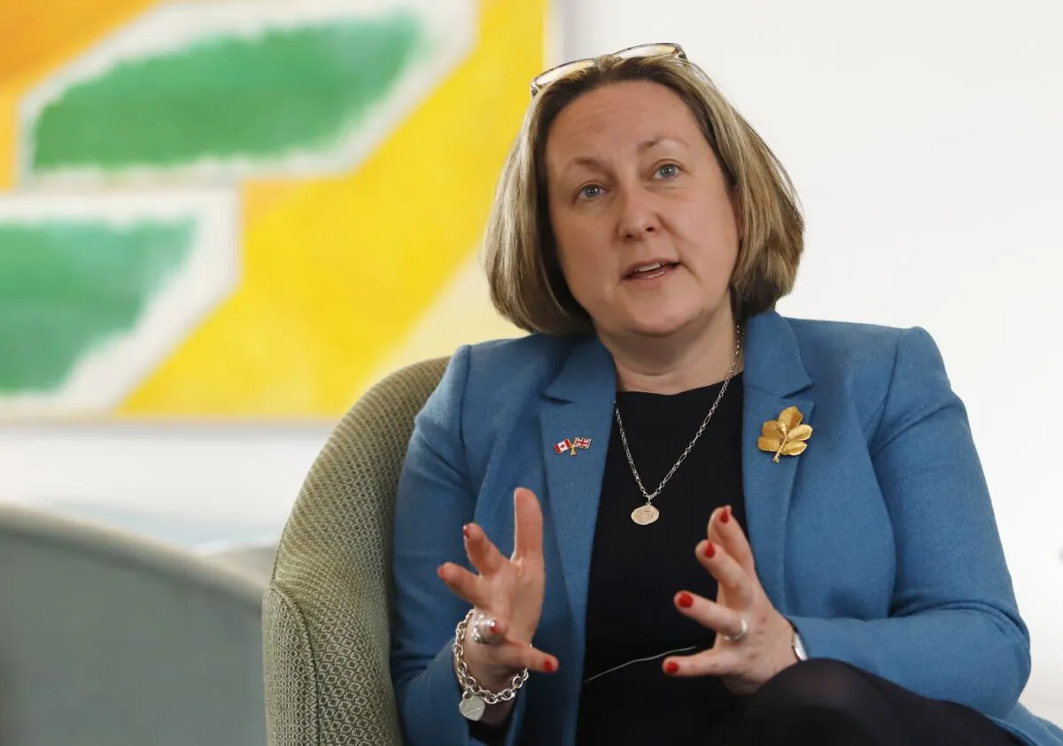 British trade secretary Anne-Marie Trevelyan poses for a photo after an interview in Ottawa on March 23, 2022. (The Canadian Press/Patrick Doyle)