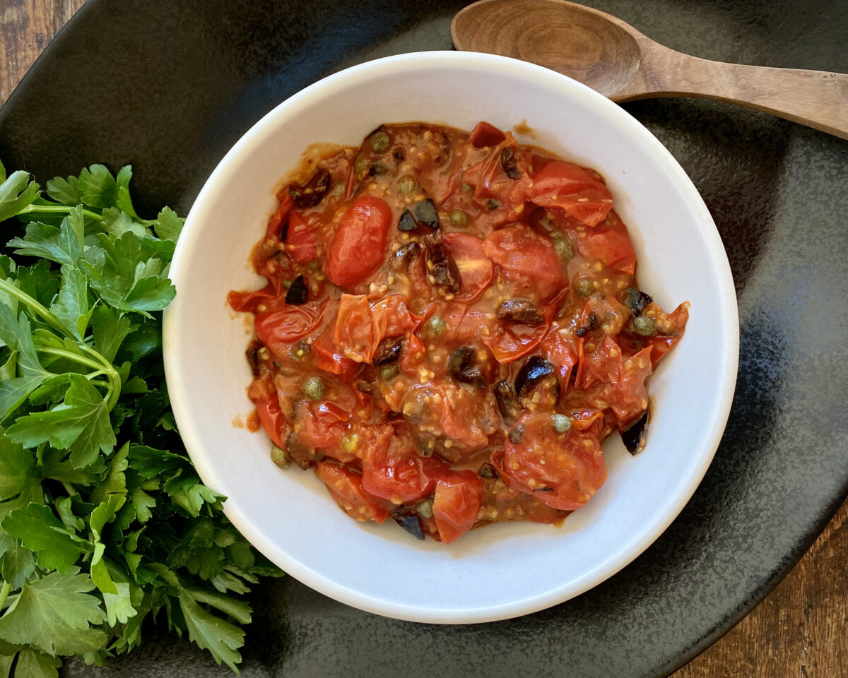 This sauce is salty, briny, spicy, and vibrant—even with off-season supermarket tomatoes. (Lynda Balslev for Tastefood)