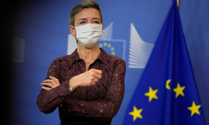 Margrethe Vestager, European Commissioner for Europe fit for the Digital Age speaks during a signature ceremony regarding the Chips Act at EU headquarters in Brussels, on Feb. 8, 2022. (Virginia Mayo/Pool via Reuters)