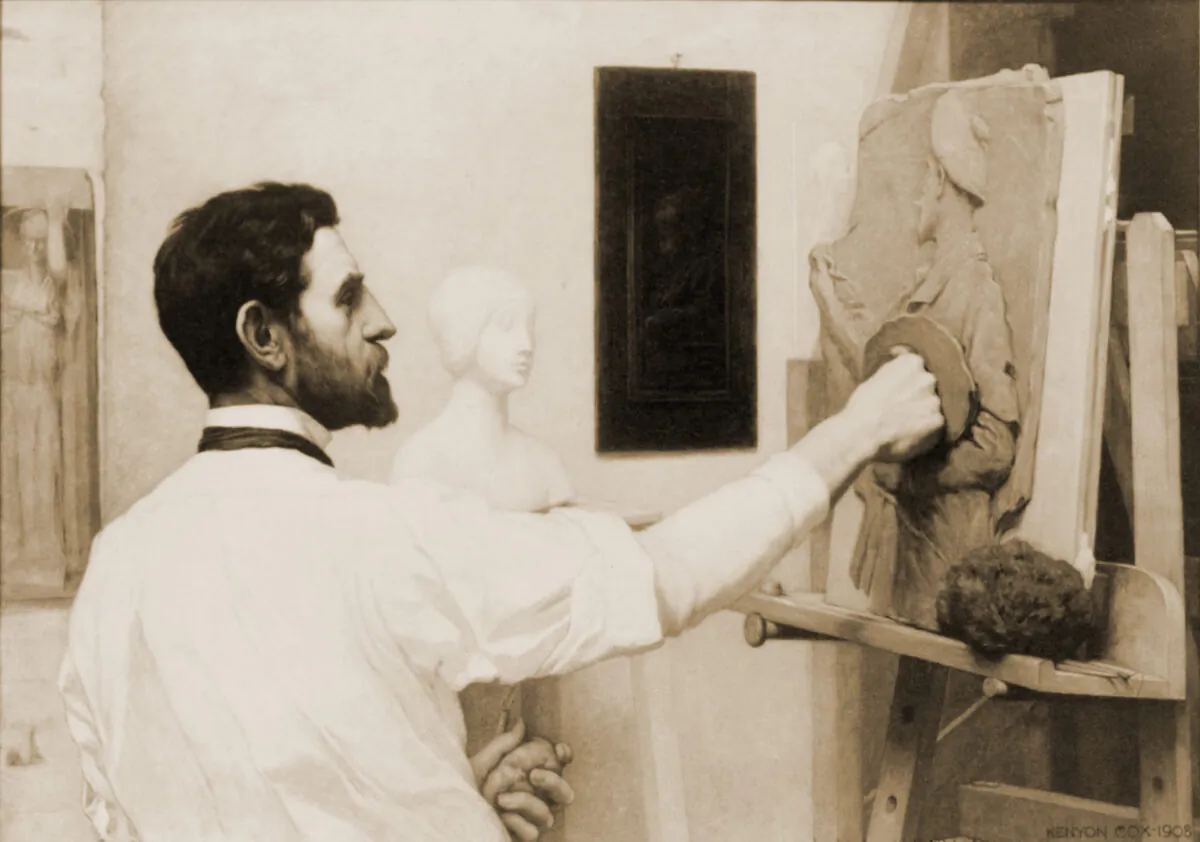 American Sculptor Augustus Saint-Gaudens Working in his Studio, 1908, by Kenyon Cox. Engraving of a portrait by Kenyon Cox. (Everett Collection/Shutterstock)