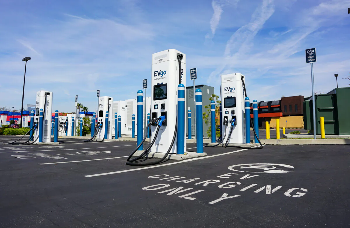 An EVGo station for charging electric vehicles in Irvine, Calif., on March 25, 2022. (John Fredricks/The Epoch Times)