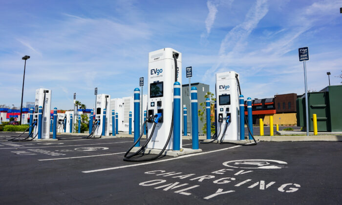 An EV Go station for charging electric vehicles is shown in Irvine, Calif., on March 25, 2022. (John Fredricks/The Epoch Times)