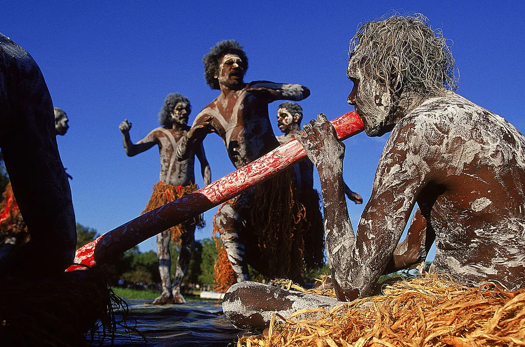 Aboriginal dancers perform during the 2000 Sydney Olympic Torch Relay at Yellow Water in Kakadu National Park, Northern Territory, Australia on 29 June 2000. (Adam Pretty/ALLSPORT)