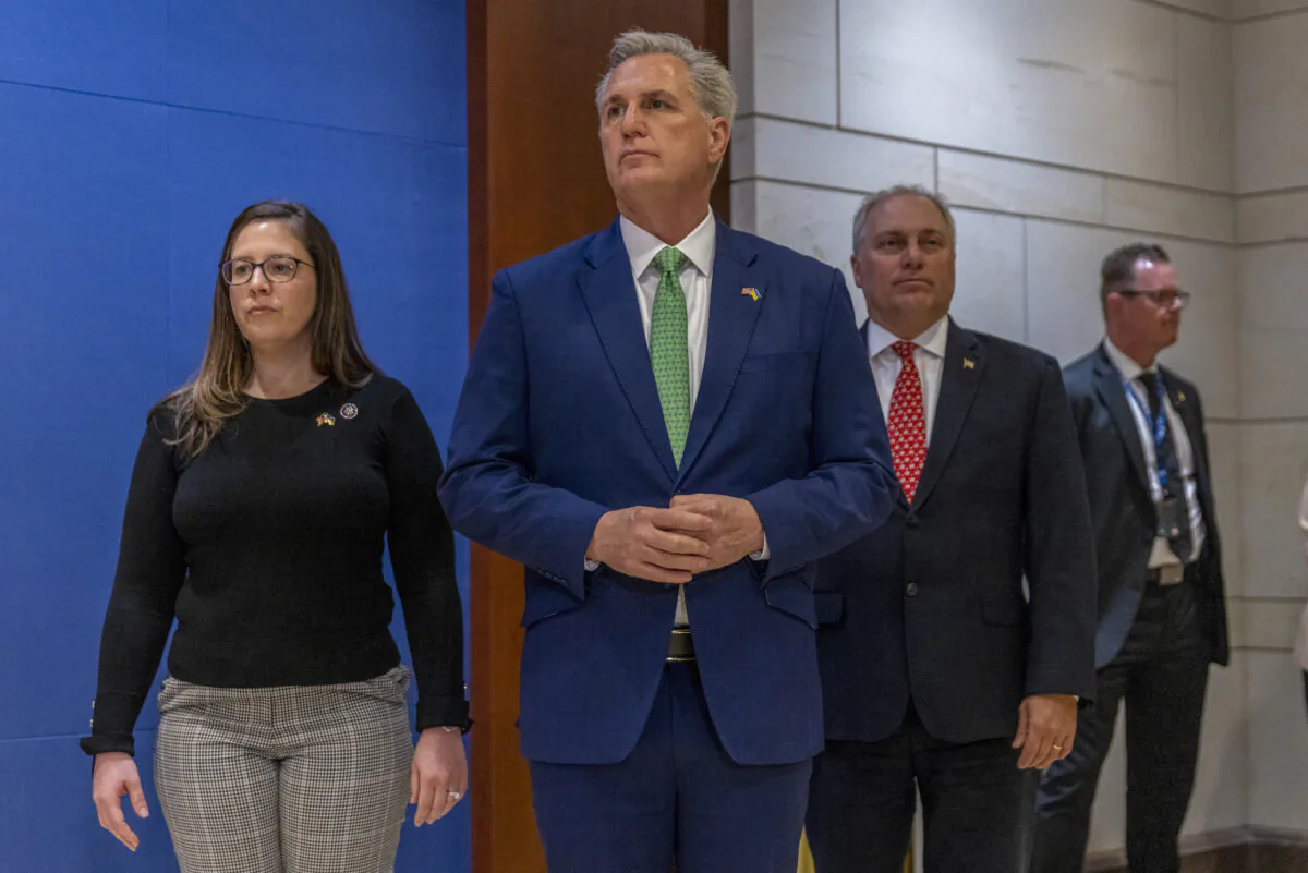 House Minority Leader Kevin McCarthy (R-Calif.) speaks with media after Ukrainian President Volodymyr Zelenskyy's virtual address at the U.S. Capitol in Washington on March 16, 2022. (Tasos Katopodis/Getty Images)
