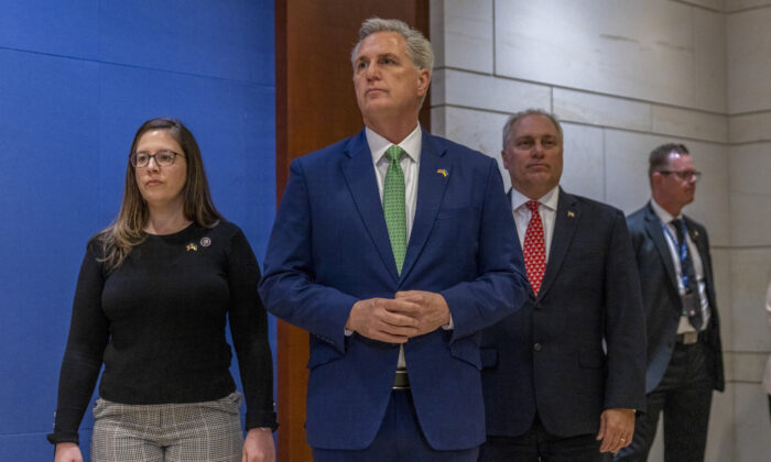 House Minority Leader Kevin McCarthy (R-Calif.) speaks with media after Ukrainian President Volodymyr Zelenskyy's virtual address at the U.S. Capitol in Washington on March 16, 2022. (Tasos Katopodis/Getty Images)
