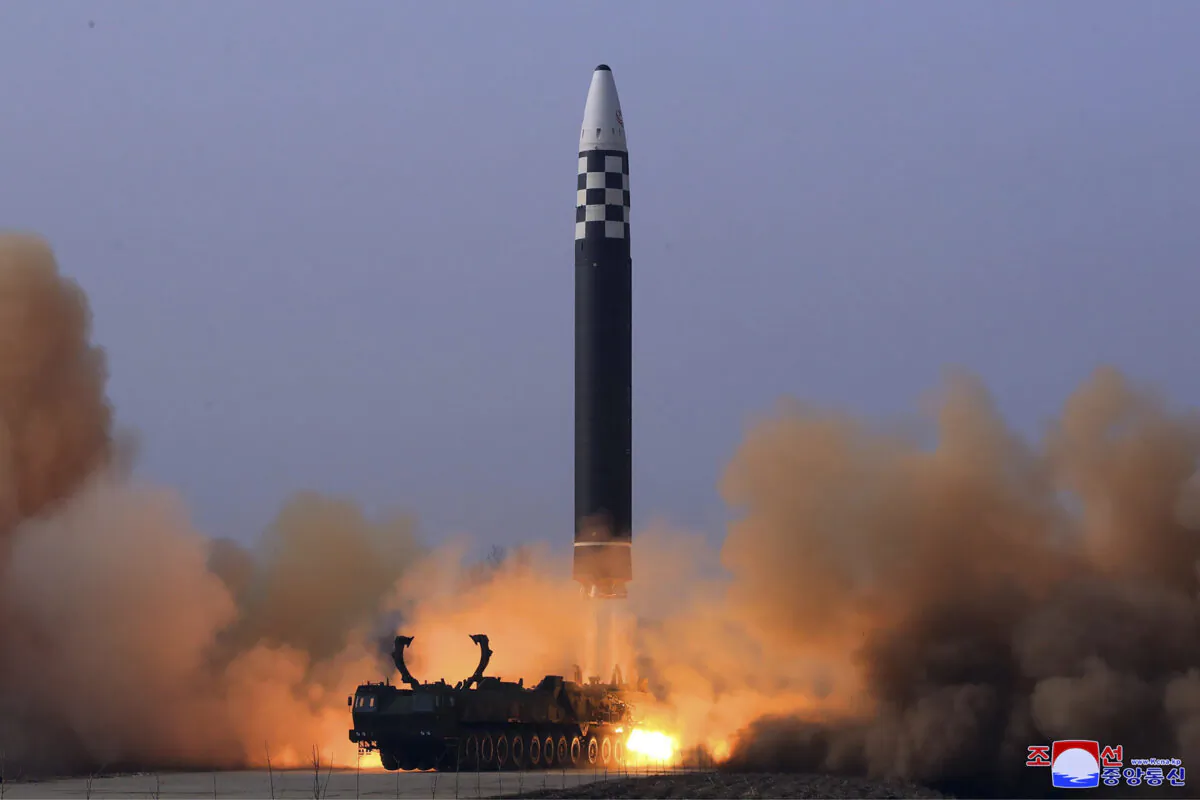 A photo of what the North Korean regime claims to be a test-fire of a Hwasong-17 intercontinental ballistic missile (ICBM), at an undisclosed location in North Korea on March 24, 2022. (Korean Central News Agency/Korea News Service via AP)