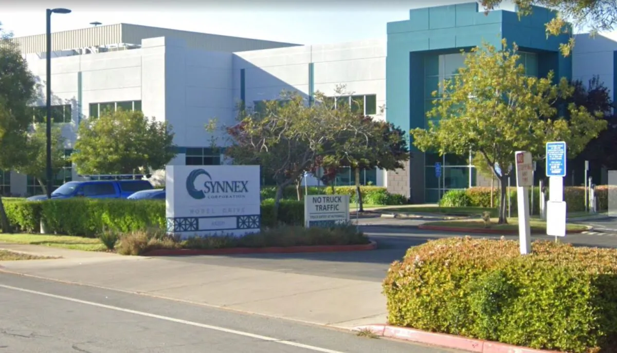 The Synnex sign in front of the company's building in Fremont, Calif. in April 2021. (Google Maps/Screenshot via The Epoch Times)