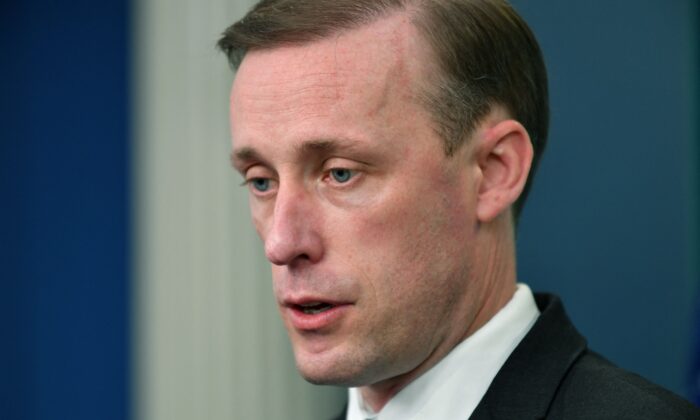 U.S. national security adviser Jake Sullivan speaks to reporters during a briefing in Washington on March 22, 2022. (Nicholas Kamm/AFP via Getty Images)