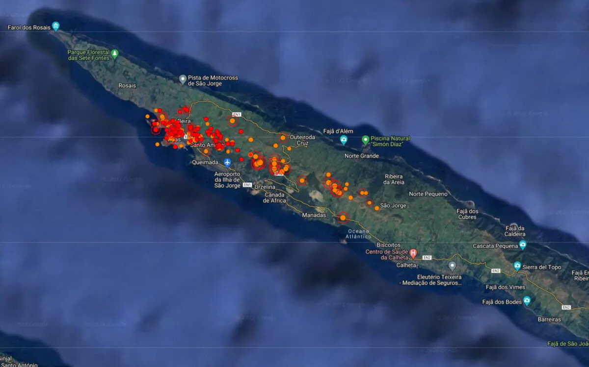 Satellite map shows seismic activity at Sao Jorge island after around 1,100 small earthquakes have rattled one of Portugal's mid-Atlantic volcanic islands in less than 48 hours in Azores islands, Portugal, on March 21, 2022. (Azore's Seismovolcanic Surveillance and Information Center/Handout via Reuters)