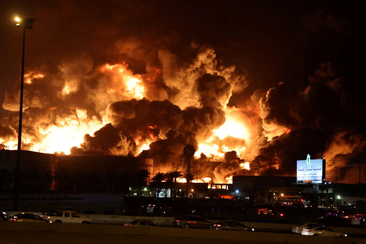 A fire at Saudi Aramco's petroleum storage facility, after an attack, in Jeddah, Saudi Arabia, on March 25, 2022.(Stringer/Reuters)