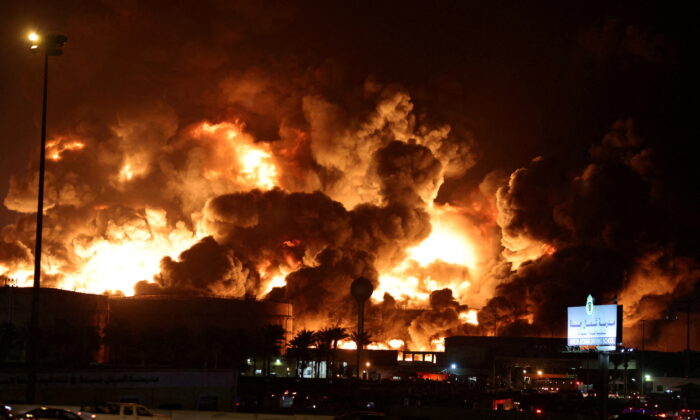 A fire at Saudi Aramco's petroleum storage facility, after an attack, in Jeddah, Saudi Arabia, on March 25, 2022.(Stringer/Reuters)