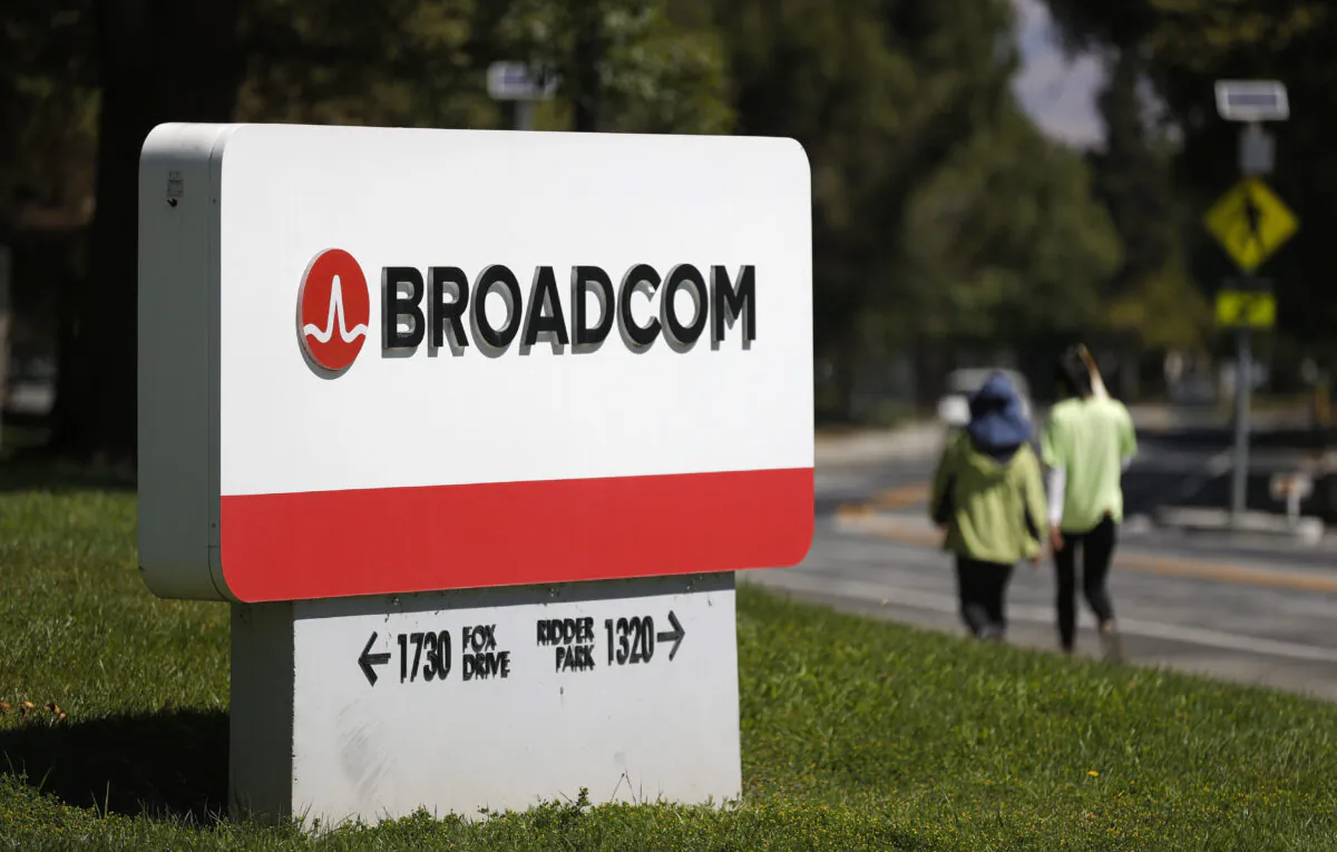 A sign is posted in front of a Broadcom office in San Jose, Calif., on June 3, 2021. (Justin Sullivan/Getty Images)